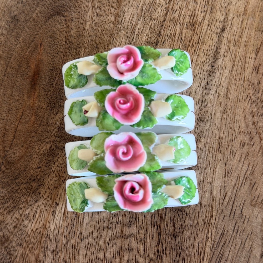 AK Kaiser Porcelain Napkin Rings Set of 4 Pink Rose Floral West Germany Vintage